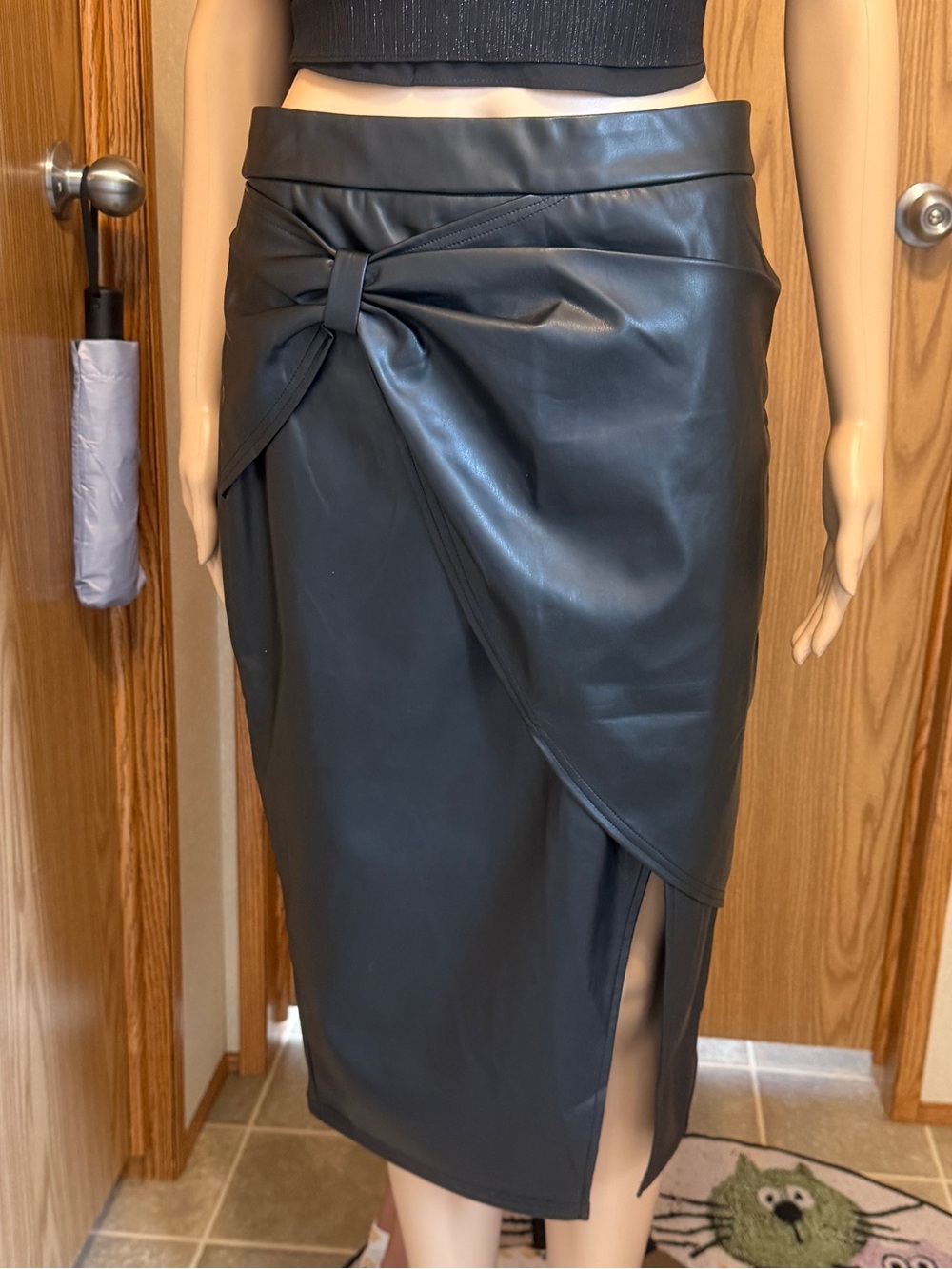 Belle Poque Black Faux Leather Pencil Skirt with Knot Detail